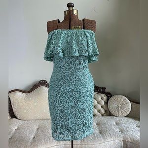 Off Shoulder, Strapless lace light green sequin dress